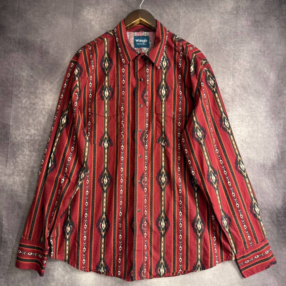 Wrangler Mens XL Western Shirt Red Southwestern Ikat Stripe Snap Front 112337429